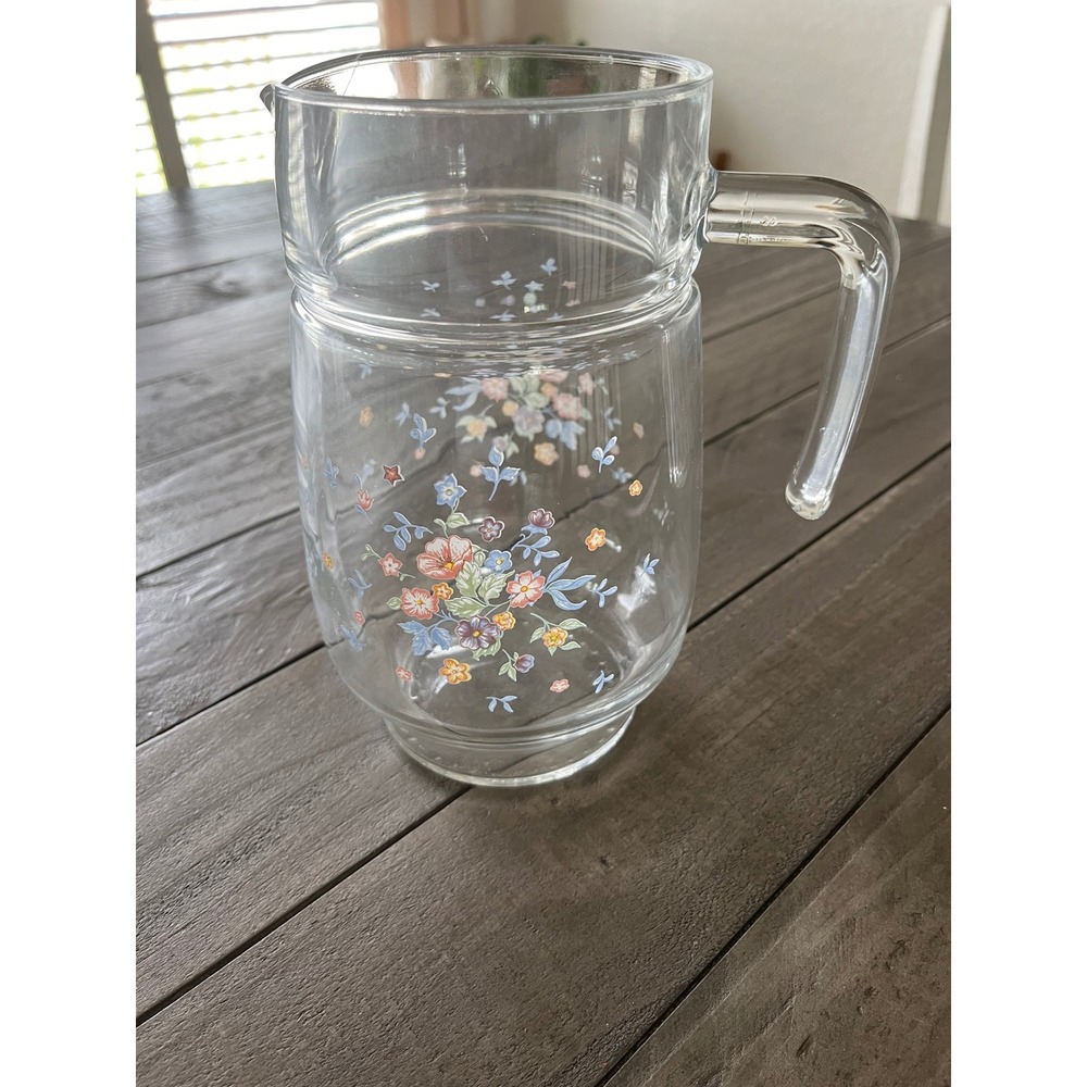 Vintage Luminarc France Glass Pitcher Floral Bouquet Clear‎ Water Juice Carafe